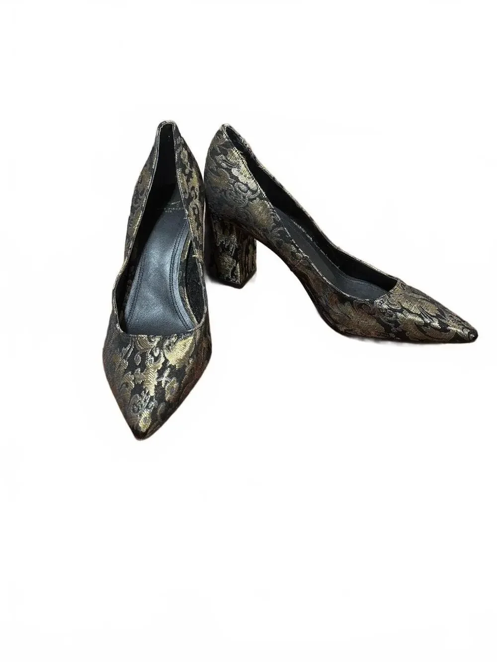 Marc Fisher Zala Women's 10M Block Heel Pumps Black Gold Brocade Floral Flaw
